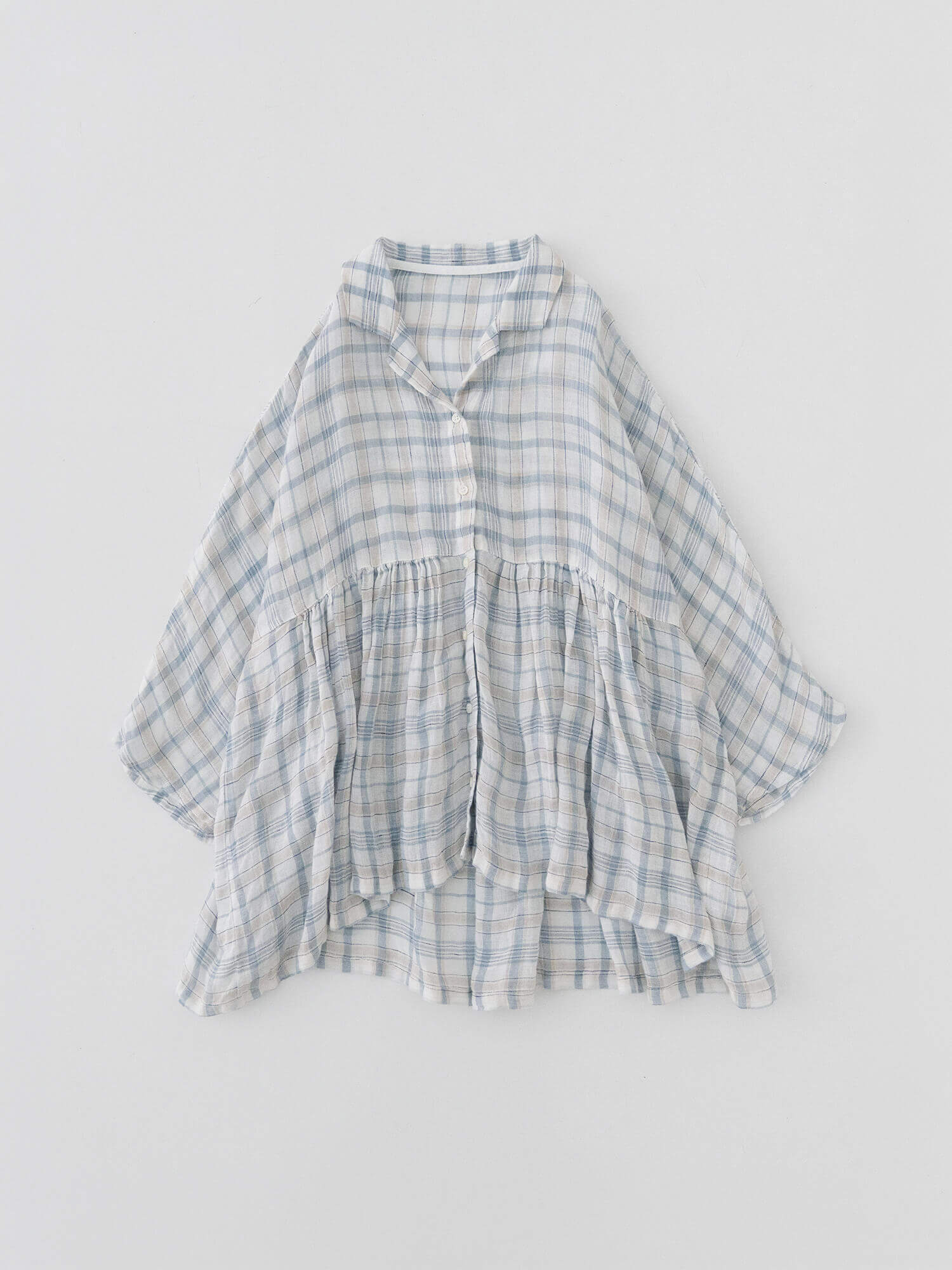Linen Gauze Check Open Collar Shirt