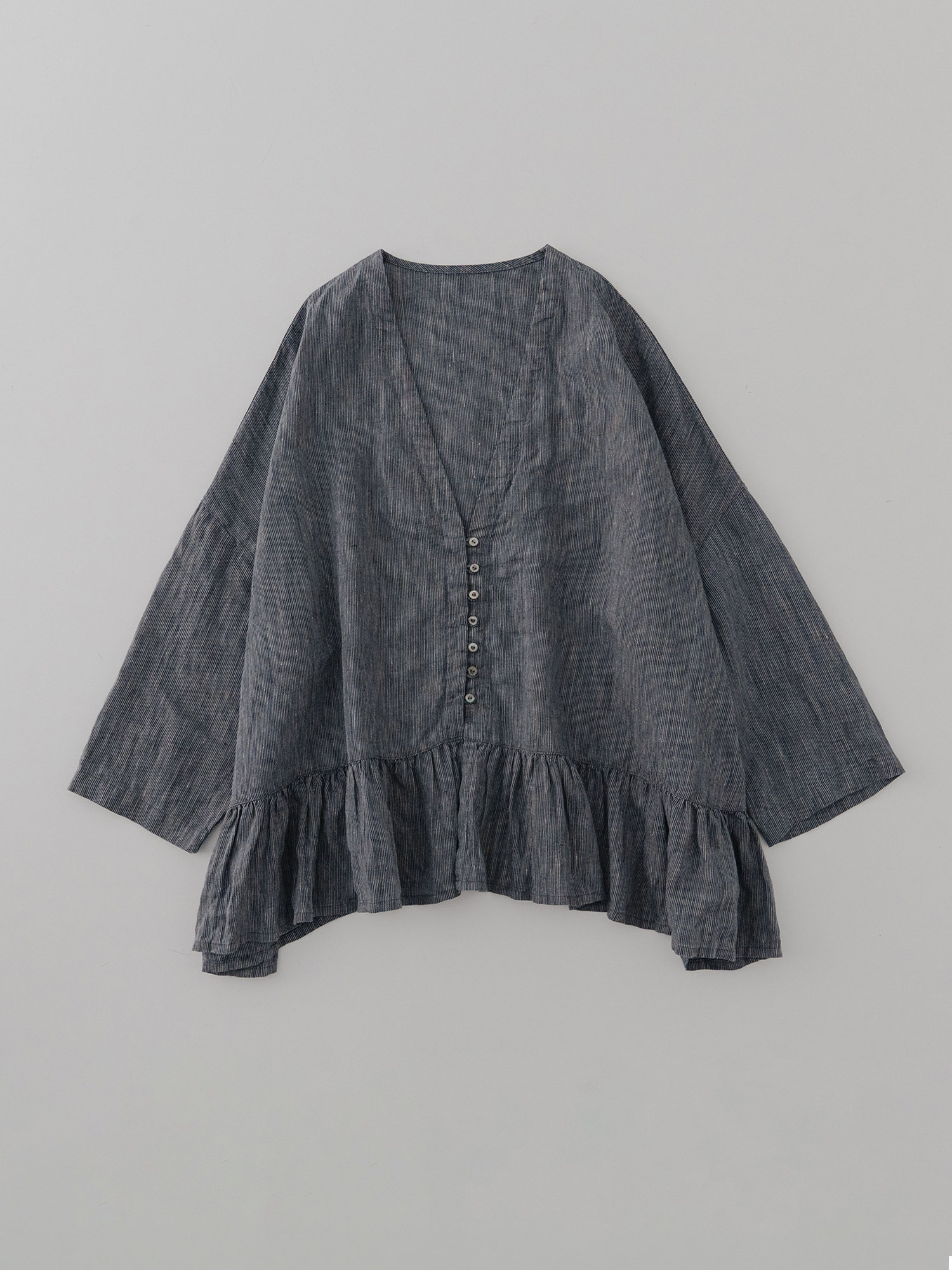 Linen Indigo Striped Frill Blouse