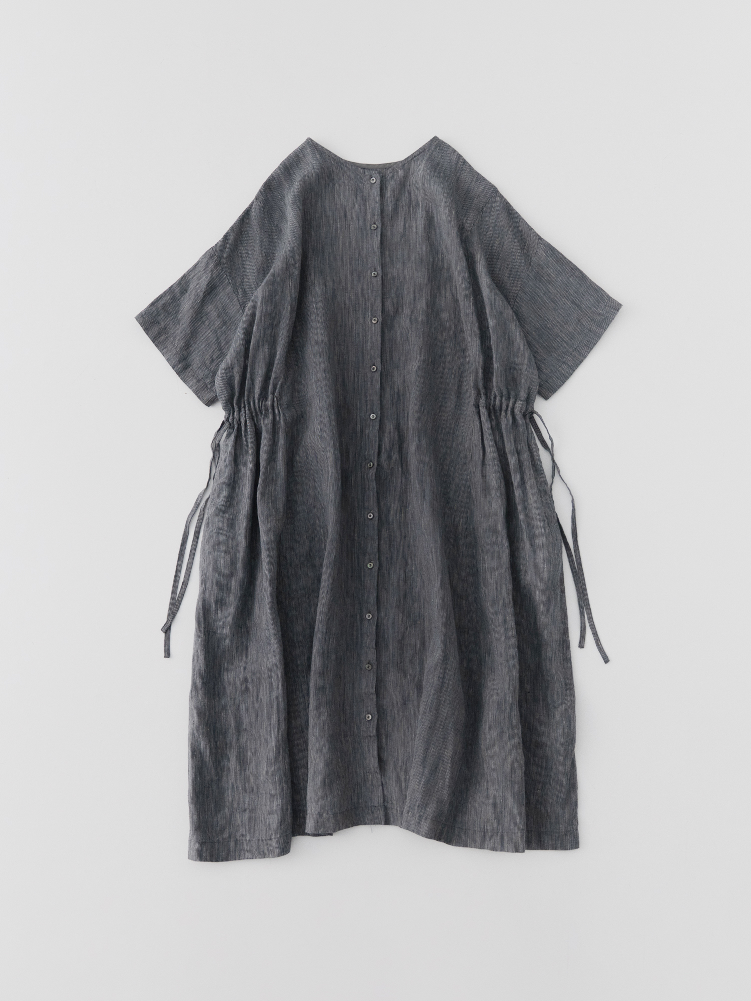 Linen Indigo Striped Side-Ribbon Dress
