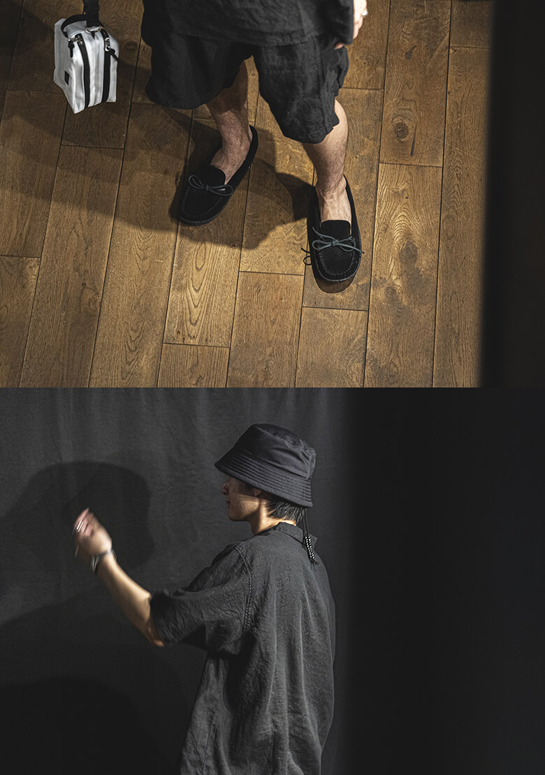リネンシャツの黒色の着用画像