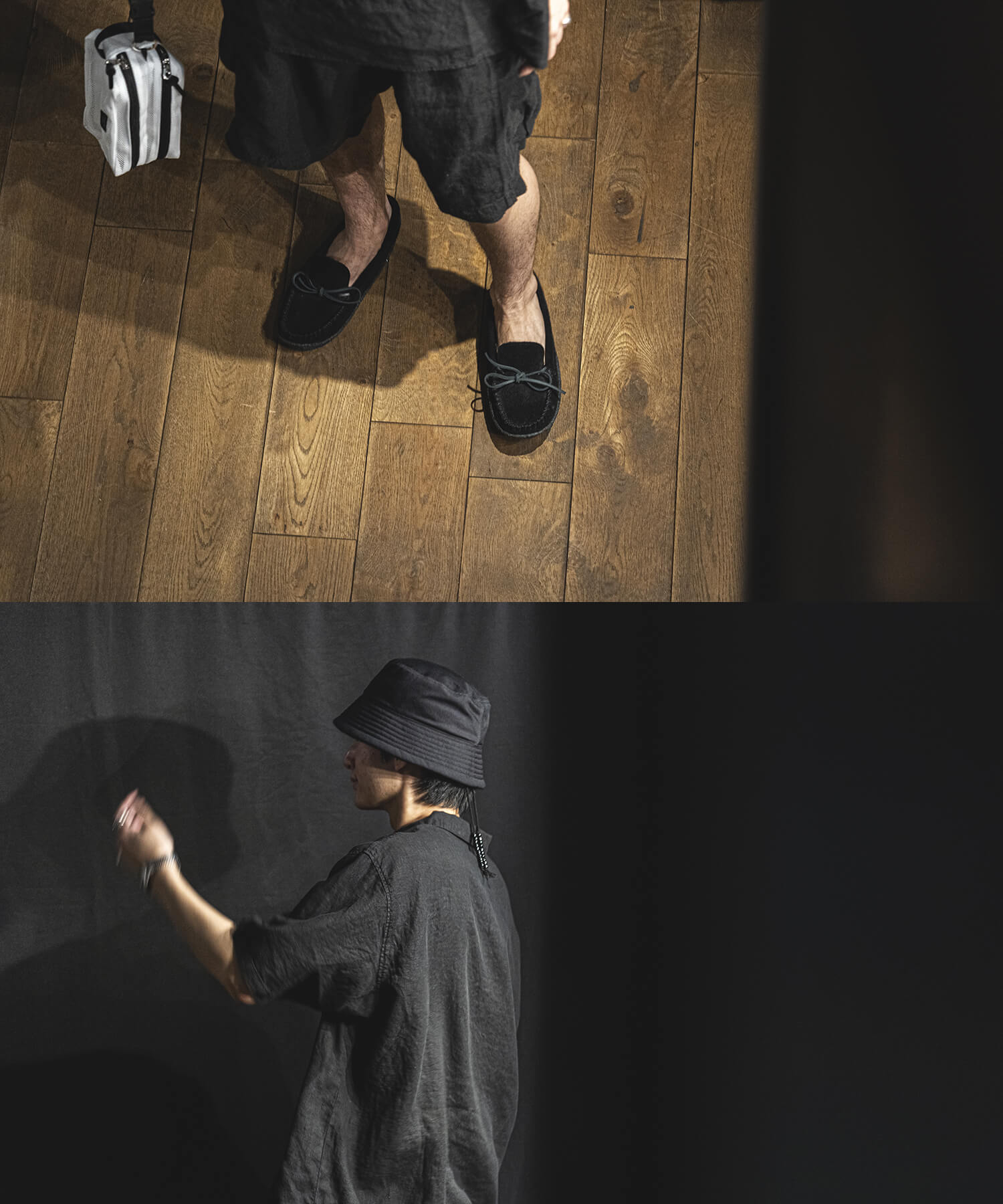 リネンシャツの黒色の着用画像