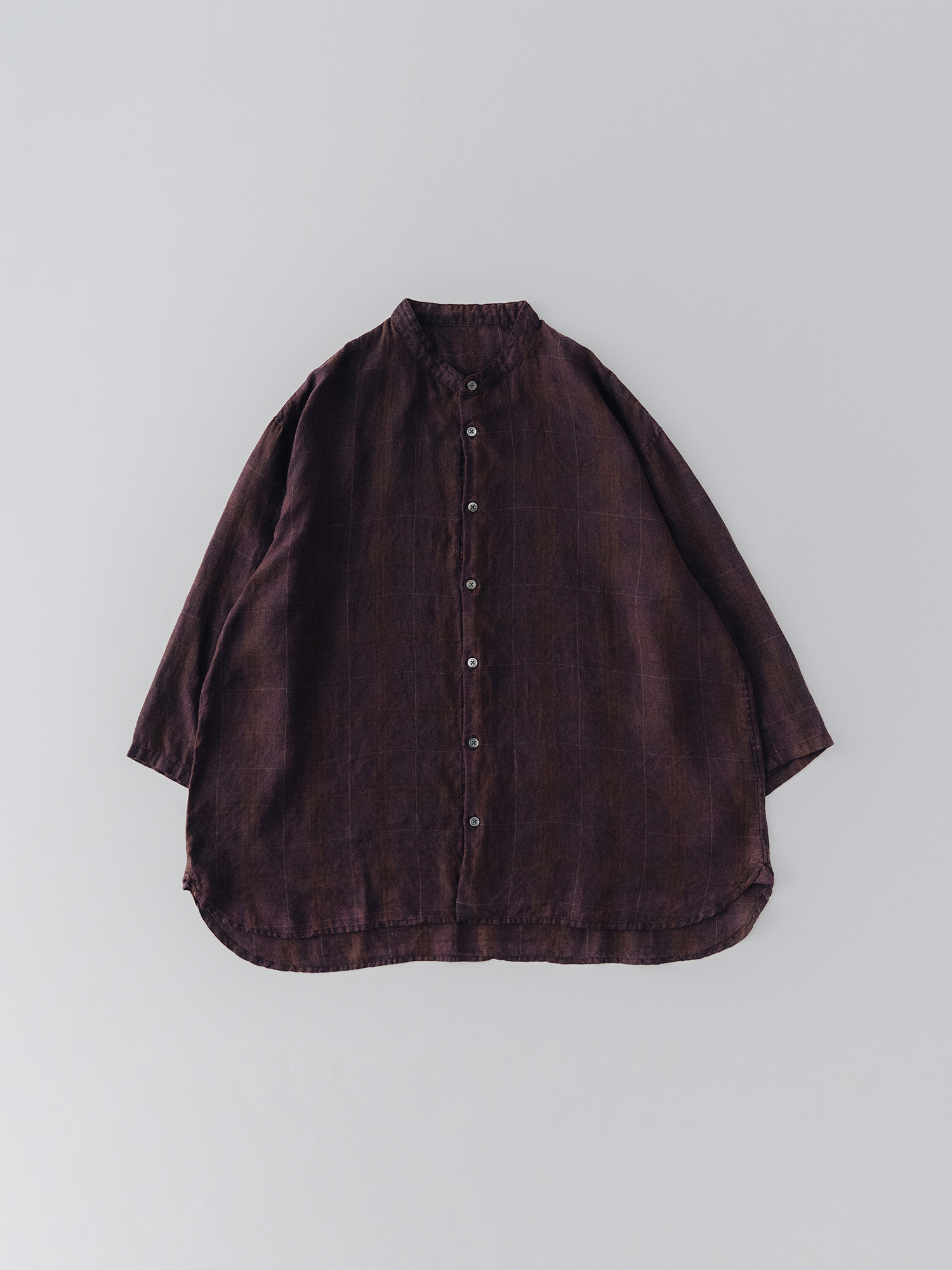 Pigment-Dyed Linen Bio-Wash Cropped Sleeve Band Collar Shirt