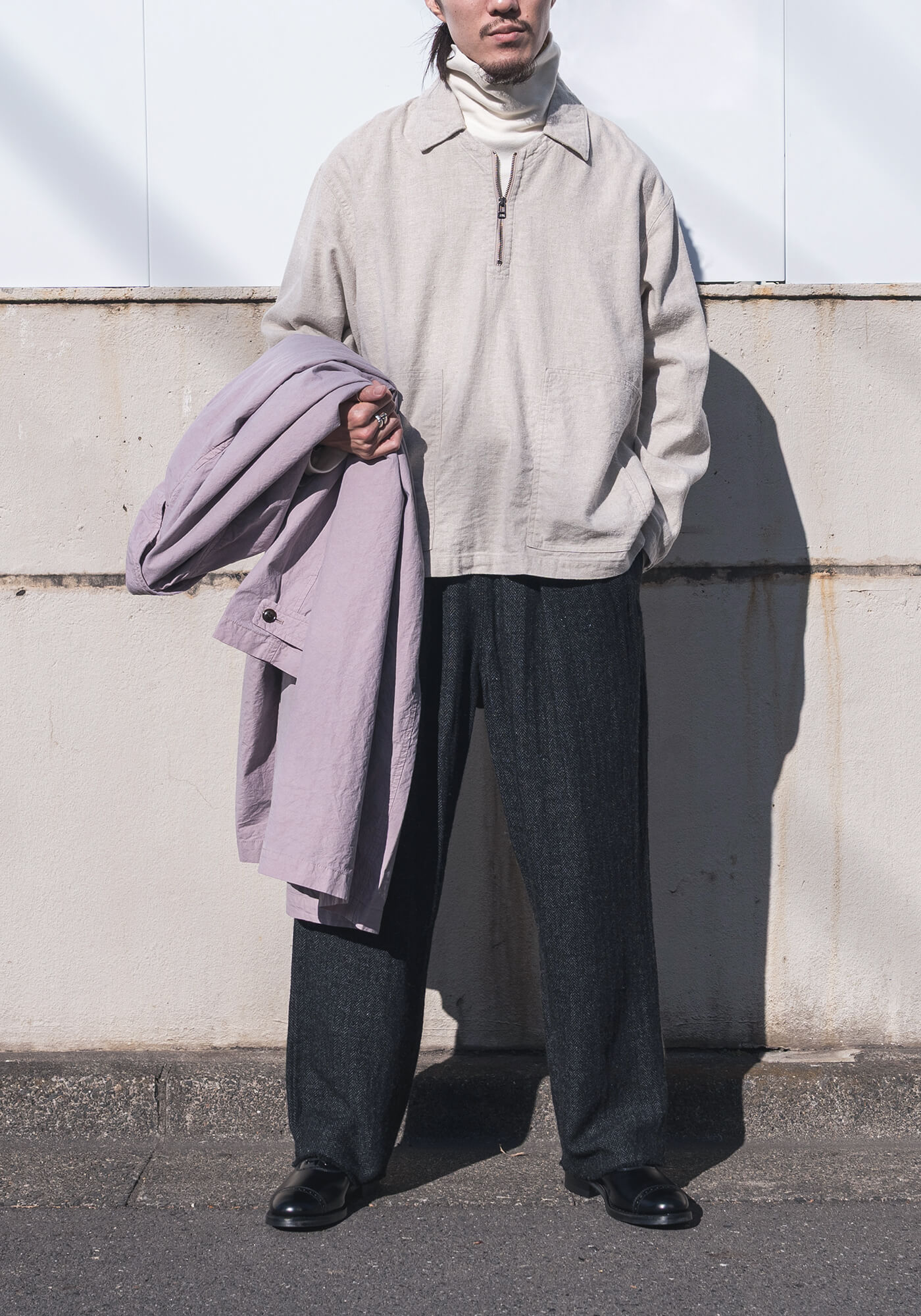 ラベンダーカラーのスーピマコットンコート